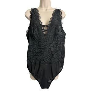Cacique Lace Teddy Womens 2X Black Floral Sheer Plus Size Strappy Lingerie Sexy